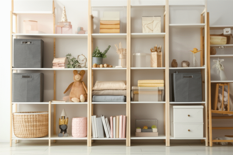 Prateleiras com caixas organizadoras em uma sala minimalista
