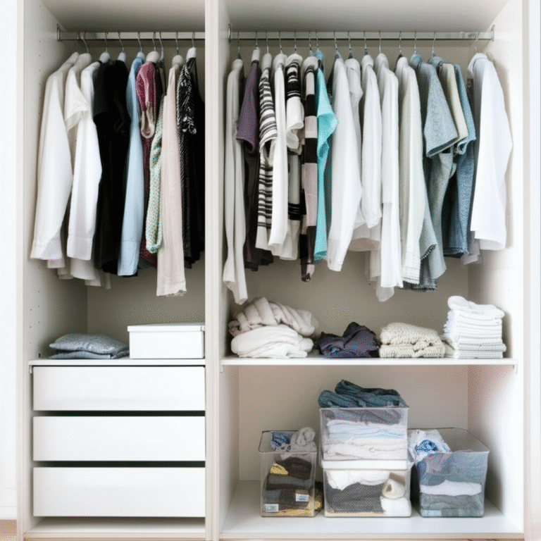 Mãos organizando roupas em um armário minimalista