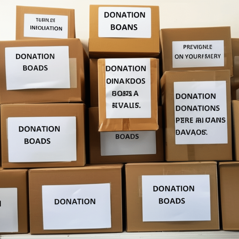 Preparando Doações para Caridade Caixas de doação organizadas em uma sala
