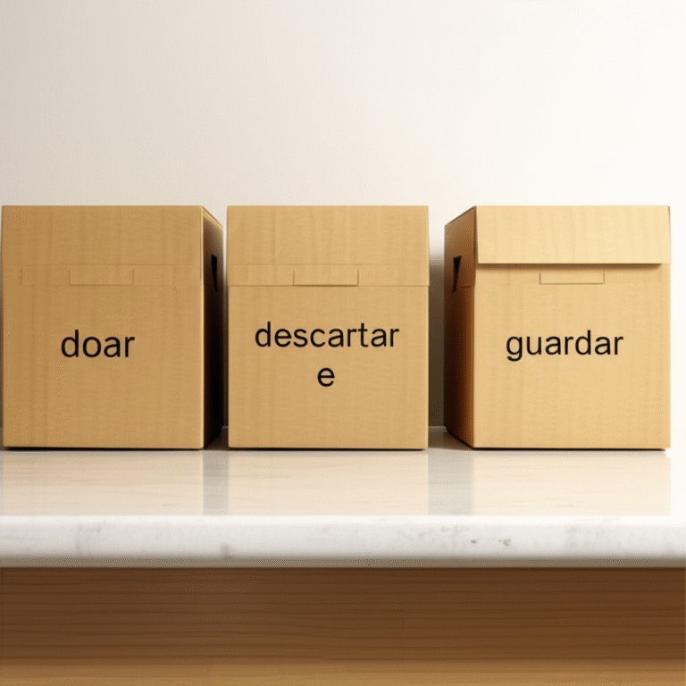 Método das 3 Caixas para Organização Caixas rotuladas com 'Doar', 'Descartar' e 'Guardar'.