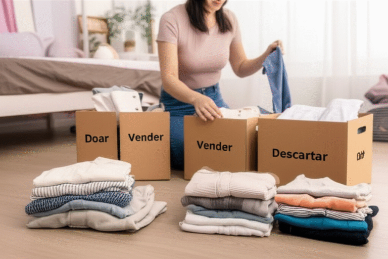 Desapego Consciente para Organização Mulher separando roupas em caixas para doação.