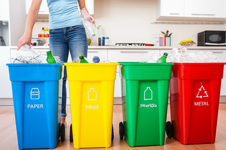 Separação de Lixo para Reciclagem Mulher separando lixo para reciclagem em lixeiras coloridas.