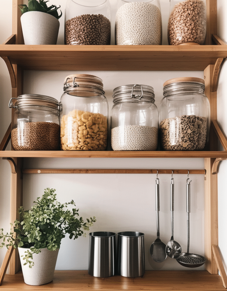 Organização com Bambu Prateleiras de bambu organizando itens de cozinha.