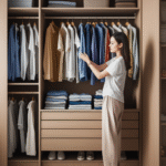 Mãos organizando roupas em um armário