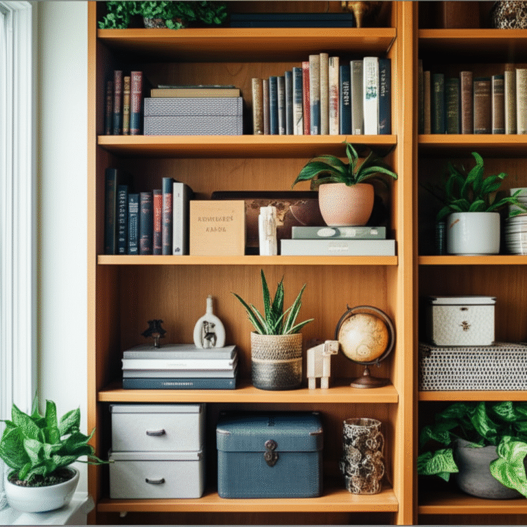 Organização Inteligente de Estante Estante organizada com livros e objetos decorativos