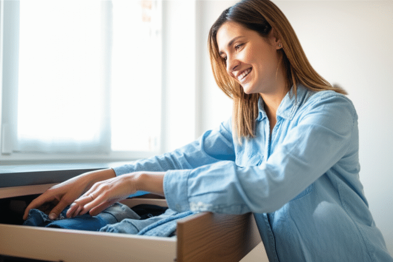 Micro-metas para organização Mulher organizando uma gaveta com sorrisso no rosto