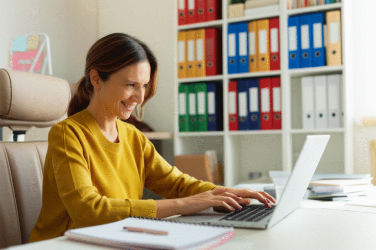 Escritório Organizado = Produtividade Aumentada Mulher sorrindo em um escritório organizado, trabalhando em um laptop.