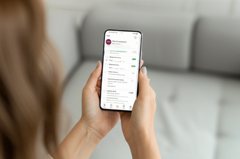 Organização Digital: Sua Aliada na Produtividade Mulher utilizando um aplicativo de organização em seu smartphone.