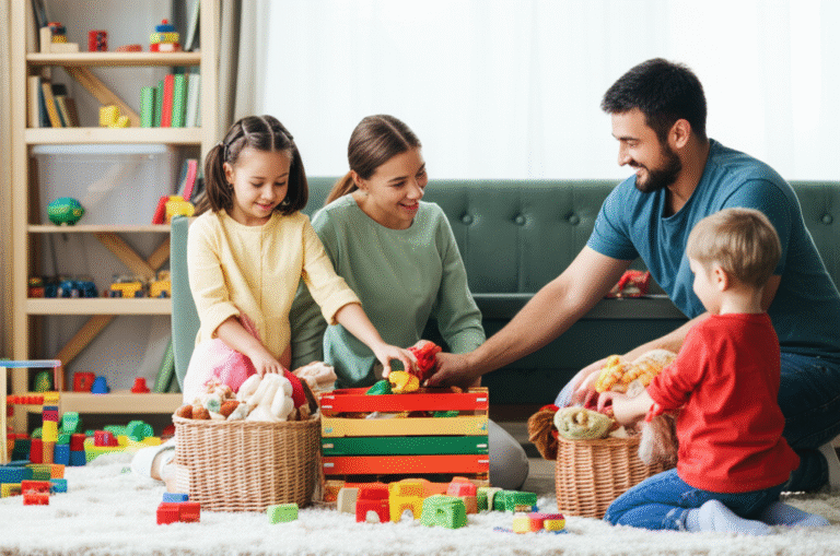 Organização em Família: Juntos Contra o Caos Família sorrindo enquanto organiza brinquedos em uma caixa