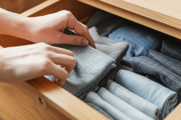 Organização e Destralhe de Roupas Mãos organizando roupas em uma gaveta