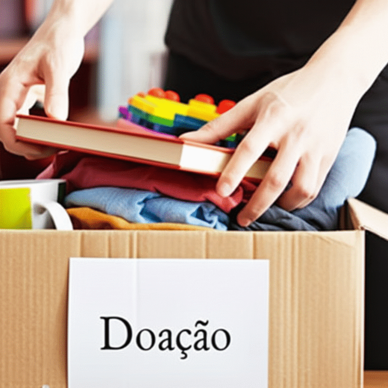 Desapego e Doação Mãos descartando objetos em uma caixa para doação.