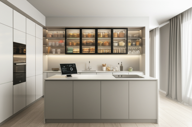 Tecnologia na Organização Cozinha moderna com armários inteligentes e assistente virtual.