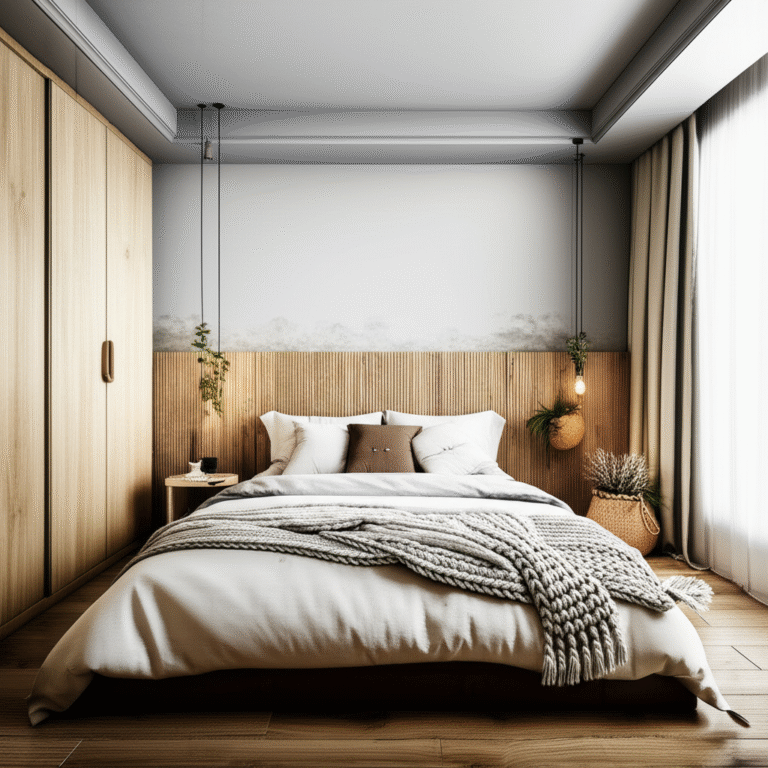 Minimalismo e Sustentabilidade Quarto minimalista com poucos objetos e decoração sustentável.