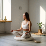 Mulher meditando em um ambiente organizado e sereno.