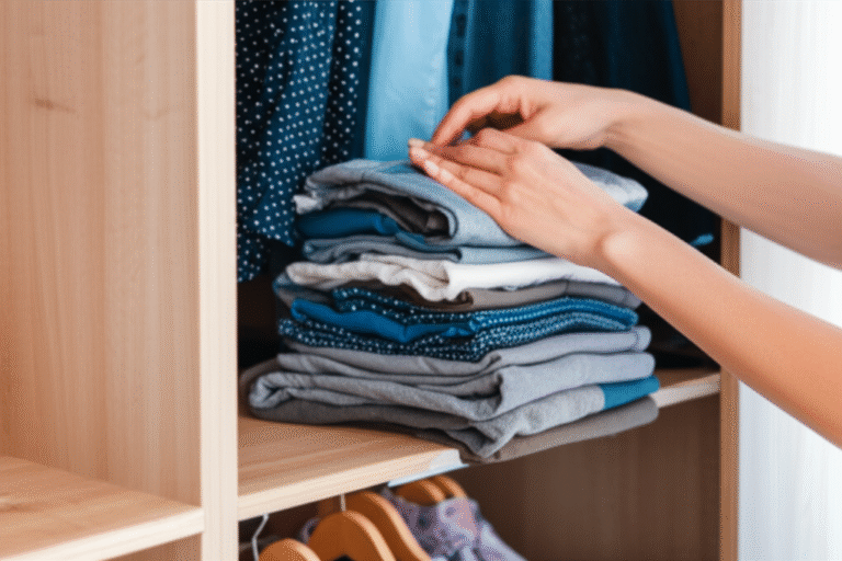 Organização Prática com o Método Espelho da Alma Mãos organizando roupas em um armário.