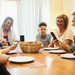 Família reunida na sala de jantar, sem dispositivos eletrônicos.