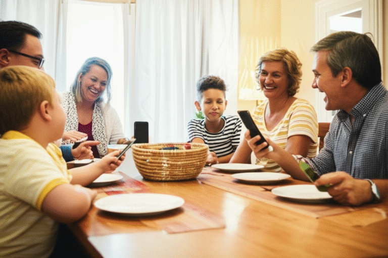 Desintoxicação Digital em Família Família reunida na sala de jantar, sem dispositivos eletrônicos.