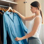 Mulher avaliando roupas no armário com expressão reflexiva.