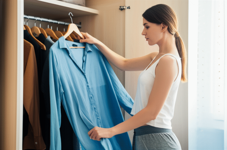 Avaliação Consciente de Objetos Mulher avaliando roupas no armário com expressão reflexiva.