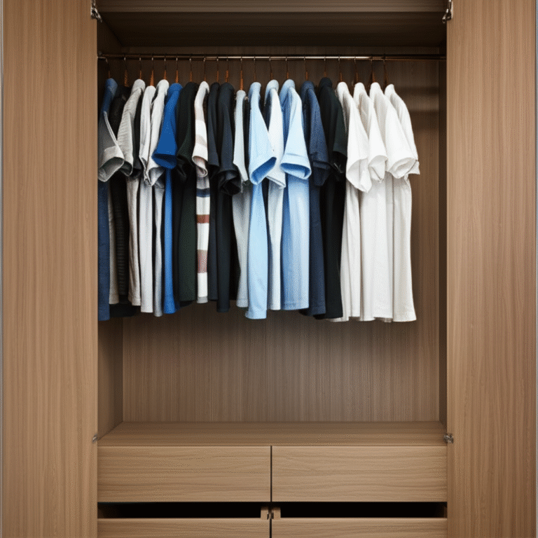 Organização Vertical de Roupas Armário organizado com roupas dobradas verticalmente.