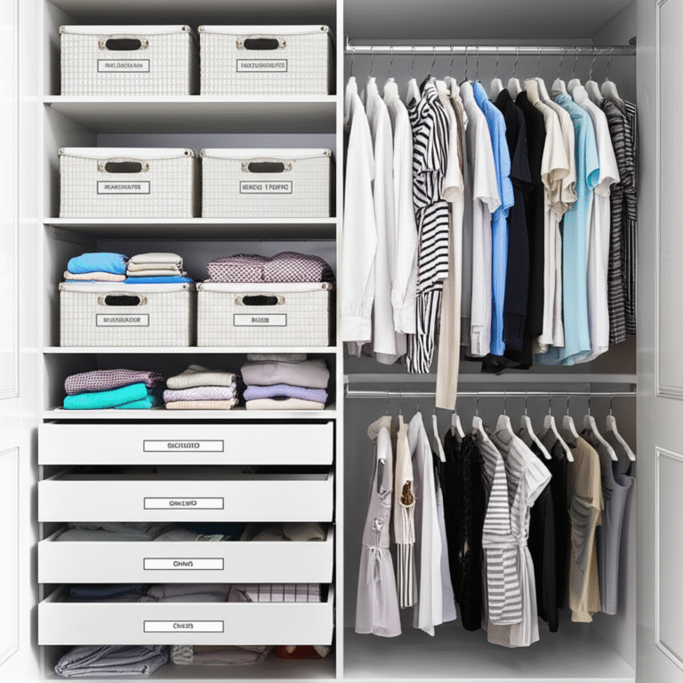 Sistema de Organização Closet organizado com caixas e etiquetas