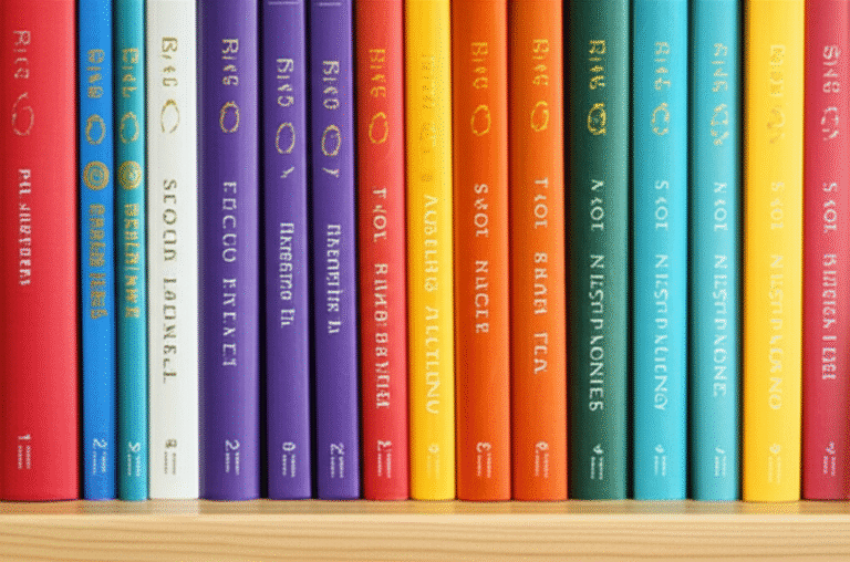Organização de Coleção de Livros Colecionador organizando seus livros por cor e tamanho.