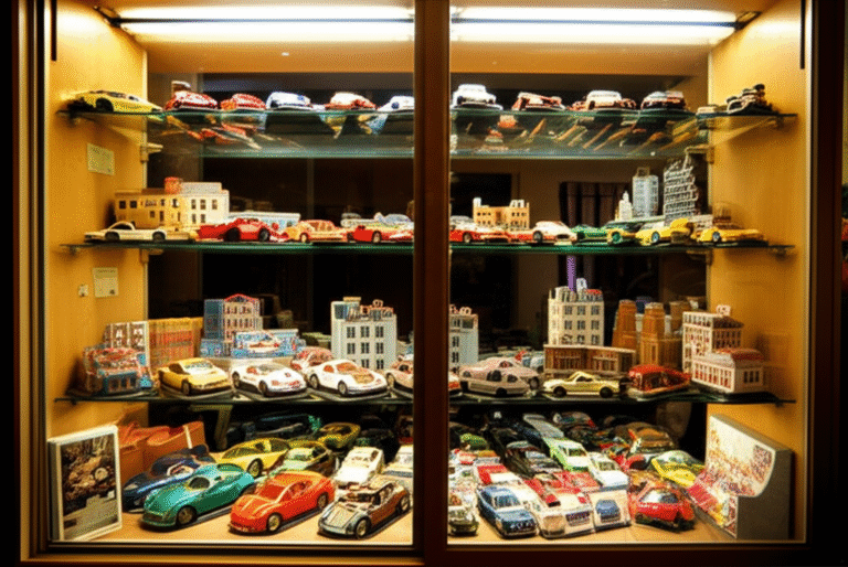 Exibição de Coleção em Vitrine Vitrines com iluminação exibindo coleção de miniaturas.