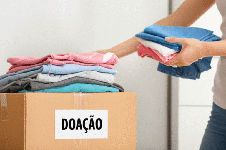 Desapego e Organização: Uma Combinação Poderosa Mãos descartando roupas em uma caixa de doação