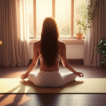 Mulher meditando ao nascer do sol em casa organizada