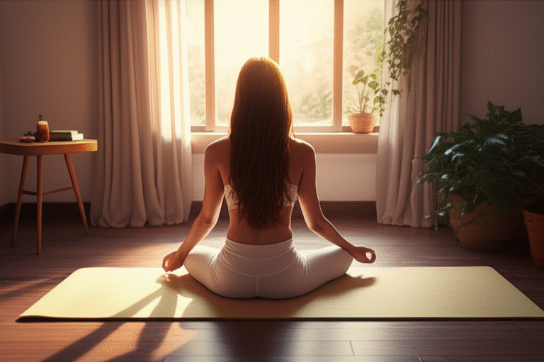 Mulher meditando ao nascer do sol em casa organizada