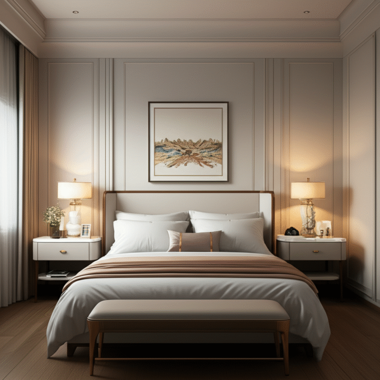 Quarto organizado com luzes suaves e cama arrumada