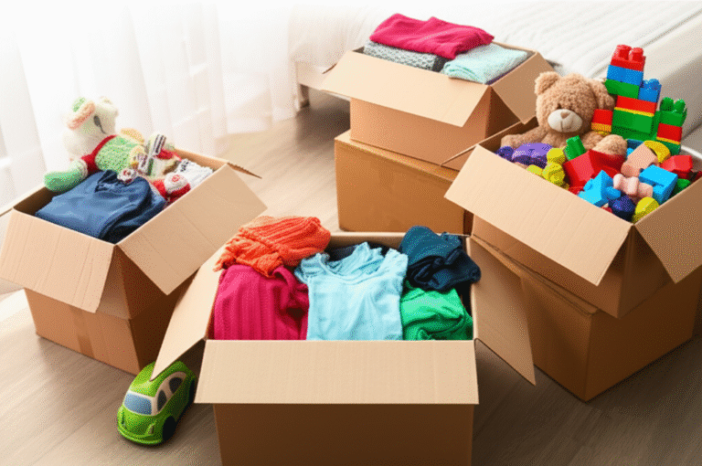 Desapego Consciente: Doe e Transforme. Caixas de doação com roupas e brinquedos organizados.