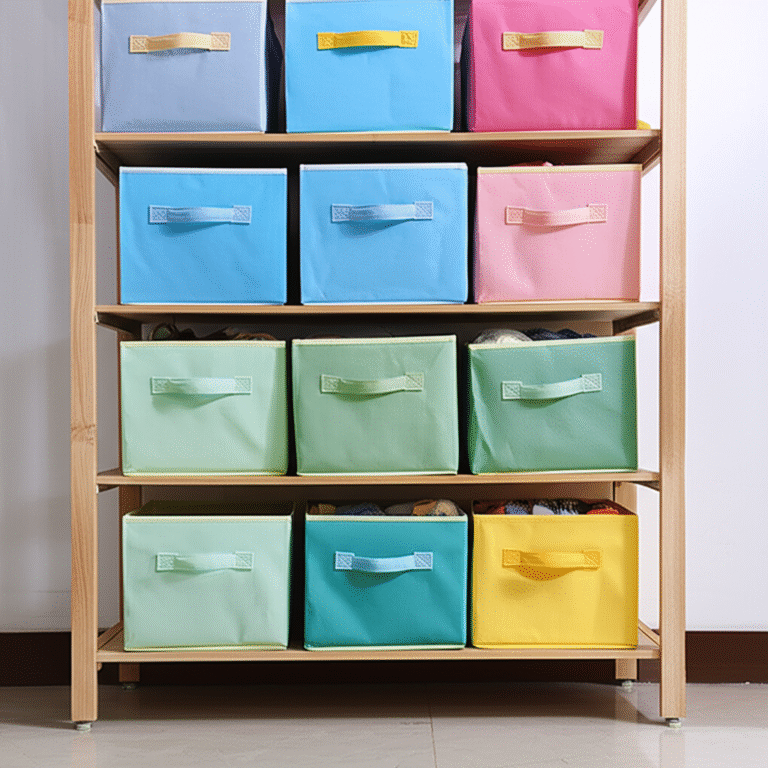 Caixas organizadoras coloridas em uma estante