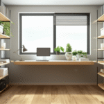 Quarto transformado em escritório iluminado e organizado