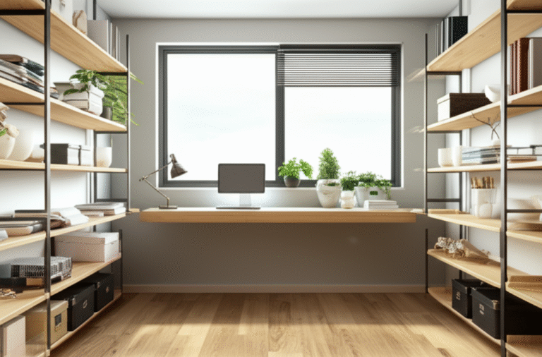 Quarto transformado em escritório iluminado e organizado