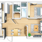 Planta baixa de um apartamento compacto com layout multifuncional