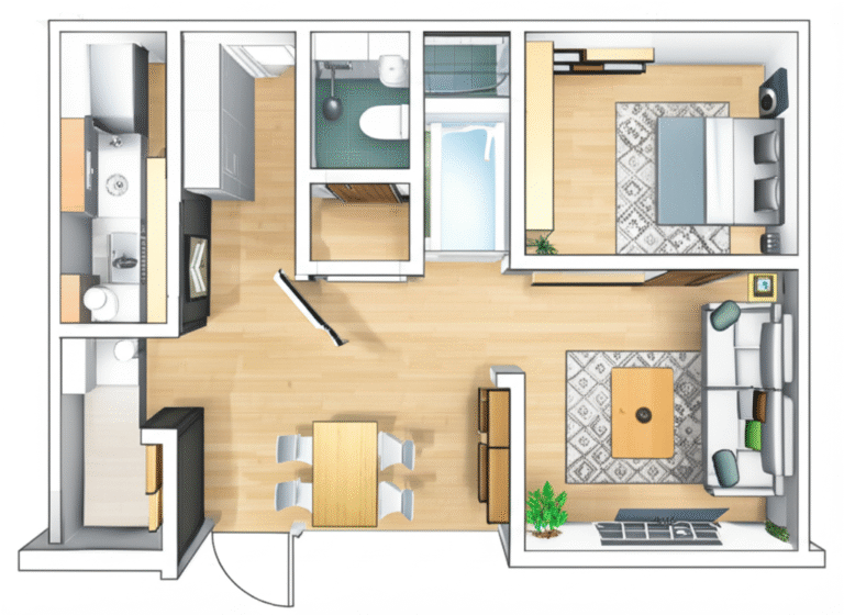 Planta baixa de um apartamento compacto com layout multifuncional