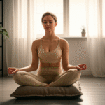 Mulher meditando em um espaço organizado e minimalista.