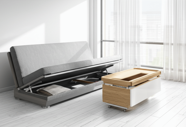 Sala de estar com sofá-cama e mesa de centro com espaço de armazenamento