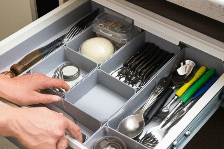 Organização Modular e Funcional Mãos organizando gaveta com organizadores modulares.