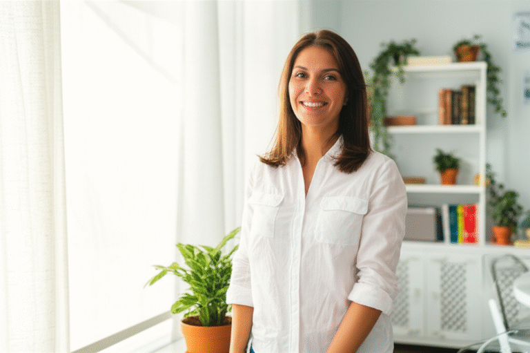 Alegria em um Lar Organizado Mulher sorrindo em uma casa organizada e iluminada.