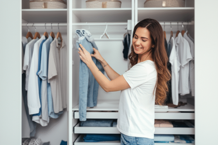 Desapego e Organização Residencial Mulher organizando roupas em um armário com espaço otimizado