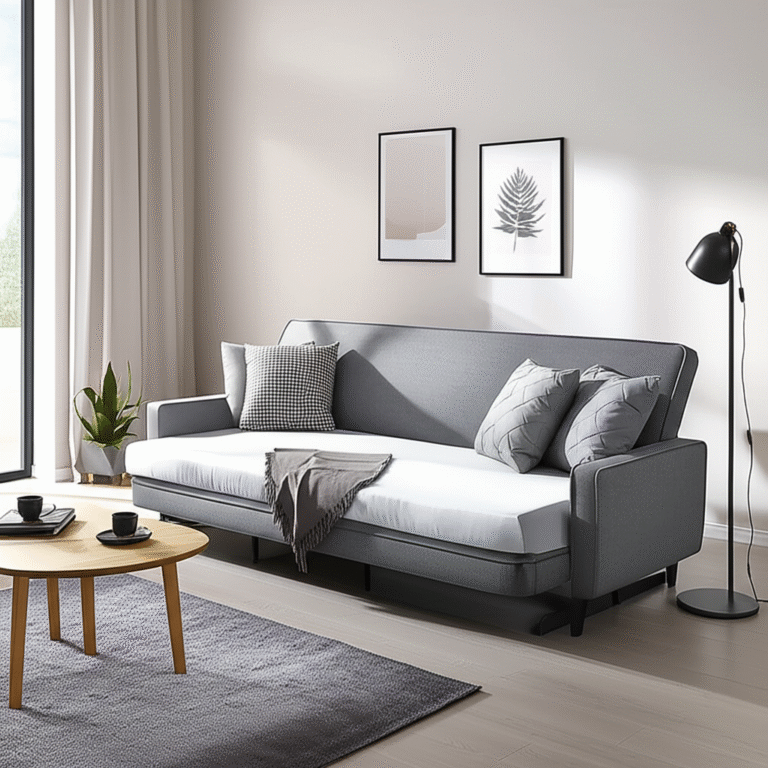 Mobiliário Multifuncional para Espaços Flexíveis Sala de estar com sofá-cama aberto, mostrando a versatilidade do móvel