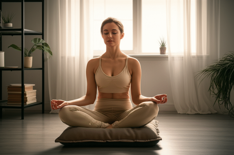 Meditação e Organização: Encontre o Equilíbrio. Mulher meditando em um espaço organizado e minimalista.